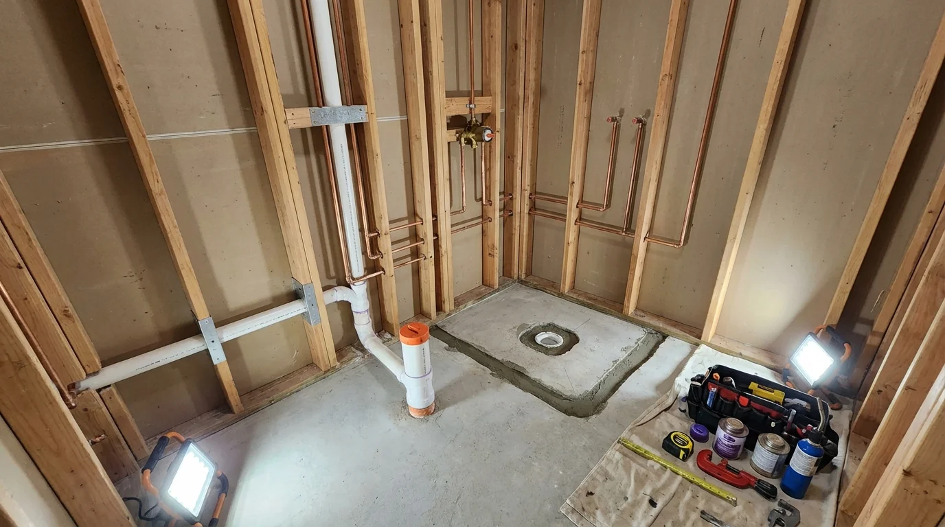 Bathroom rough-in plumbing during remodel by Johns Plumbing LLC in Sedan