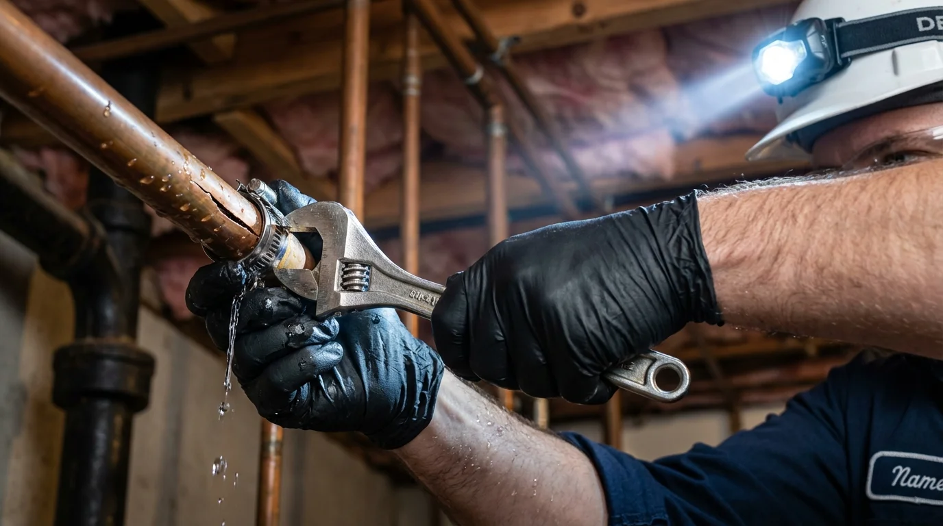 Emergency pipe clamp repair being performed by a Johns Plumbing LLC plumber in Sedan