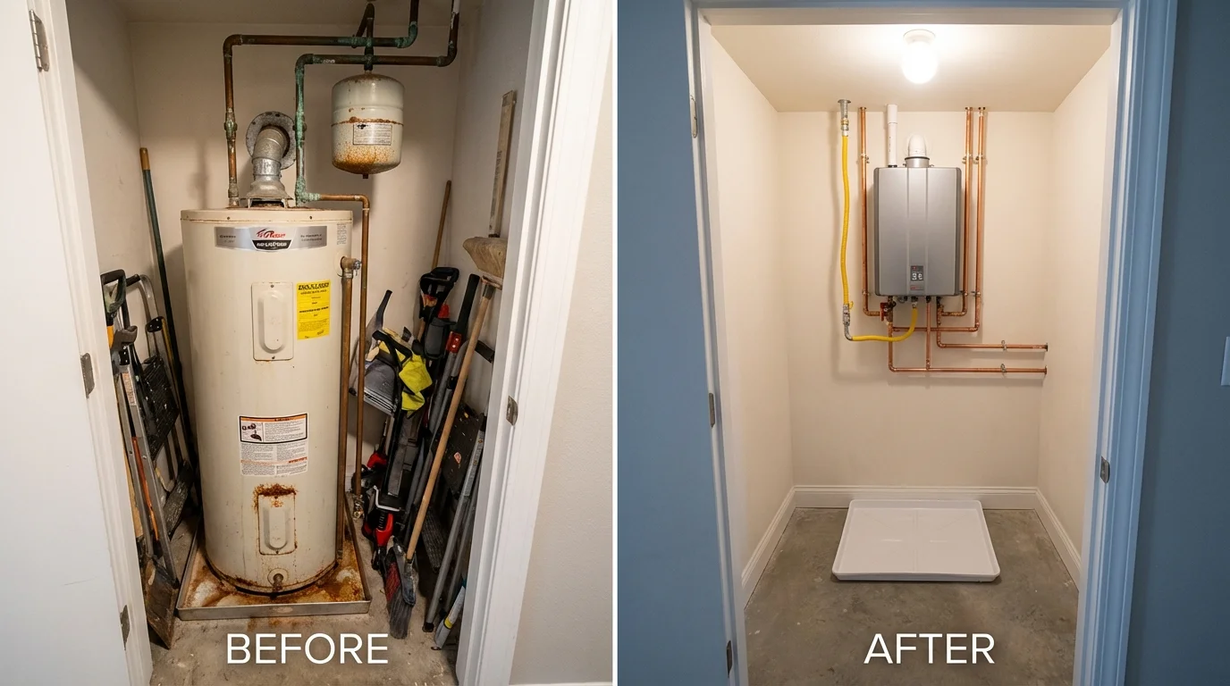 Tank water heater versus wall-mounted tankless unit comparison for Sedan, KS homeowners
