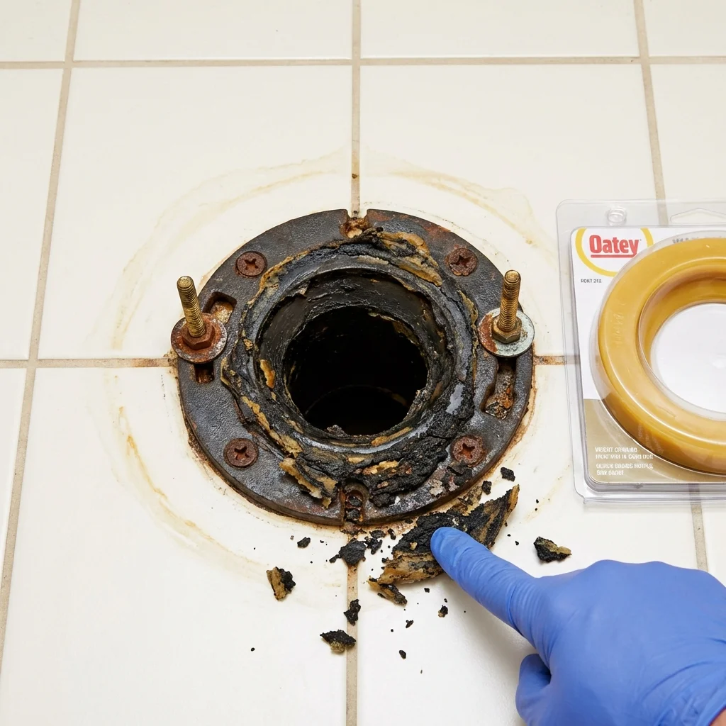 Failed wax ring showing water seepage at the base of a toilet in a Sedan, KS home
