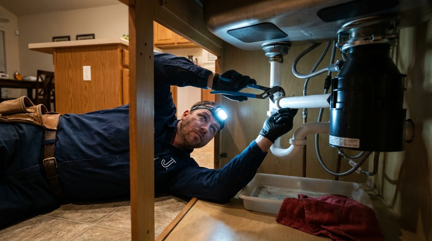 P-trap and supply line connections under a kitchen sink showing a common leak point in Sedan, KS